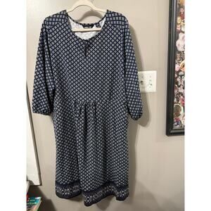 Lands End Women’s Plus 2X Dress Navy Midi Dress Medallion Print Cotton/Modal